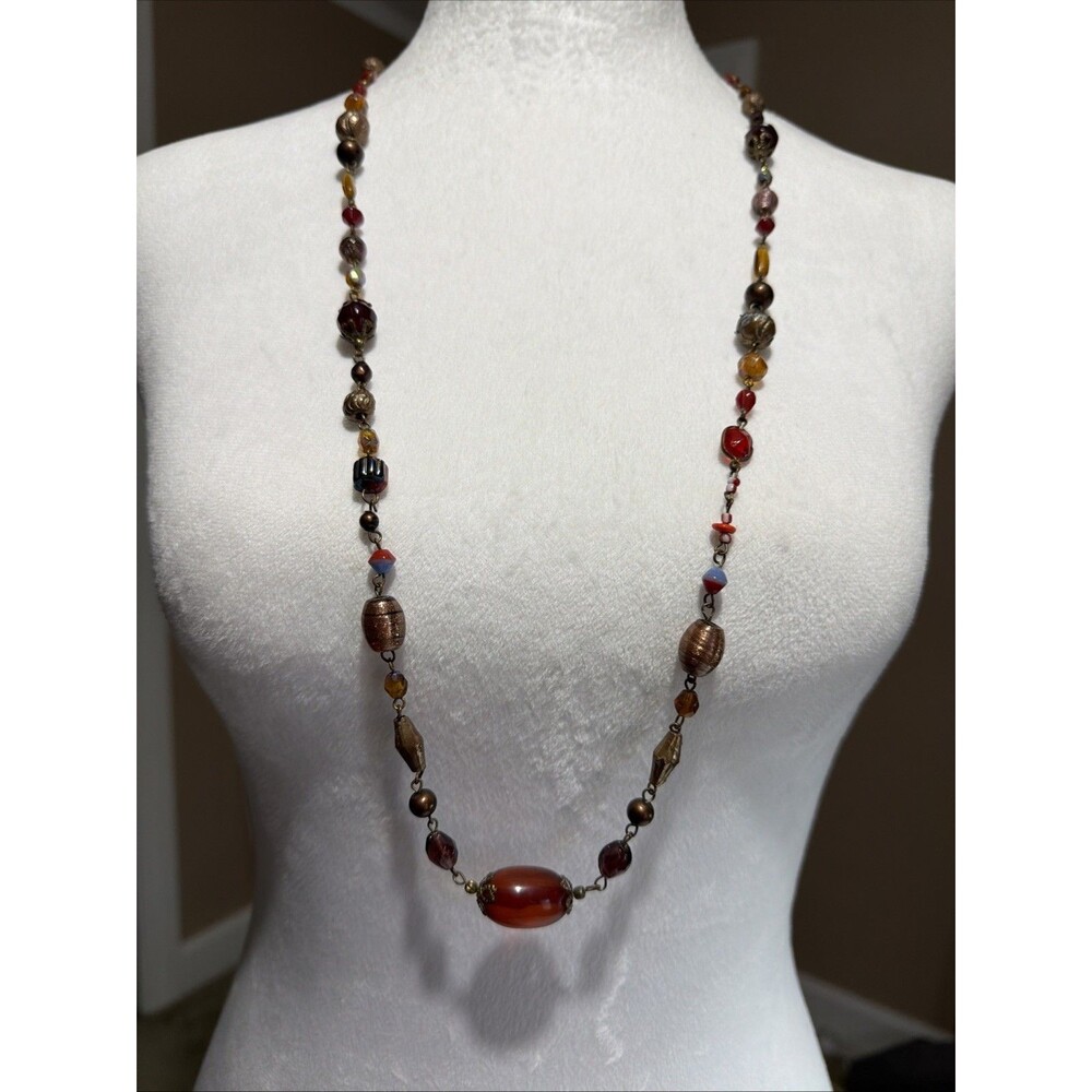 Vintage Bohemian Earth-Tone Beaded Long Necklace